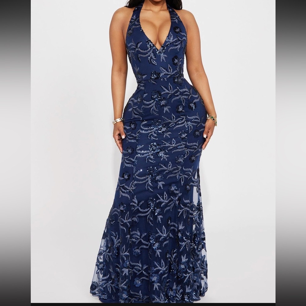 Elegant Navy Blue Sequin Evening Gown